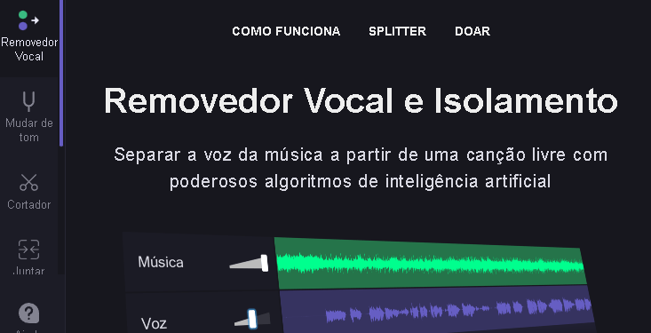 Aplicativo gratuito - remover o vocal | Imagem de capa do artigo do Pomelu: Aplicativo gratuito para remover O VOCAL DE MÚSICAS - Saiba como usar | Fonte: Página inicial do site do aplicativo online Aplicativo gratuito - remover o vocal