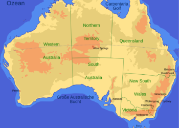 Mapa da Austrália | Imagem de capa do artigo Pomelu: Por que 95% da Austrália é Vazia? - Saiba mais | Fonte: Wikimedia Commons Australia map de.svg