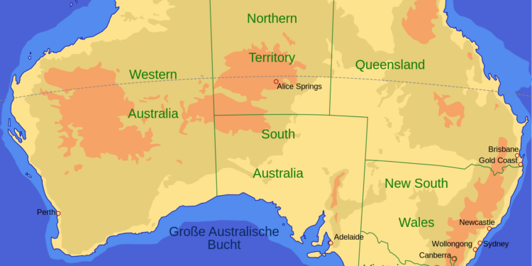 Mapa da Austrália | Imagem de capa do artigo Pomelu: Por que 95% da Austrália é Vazia? - Saiba mais | Fonte: Wikimedia Commons Australia map de.svg